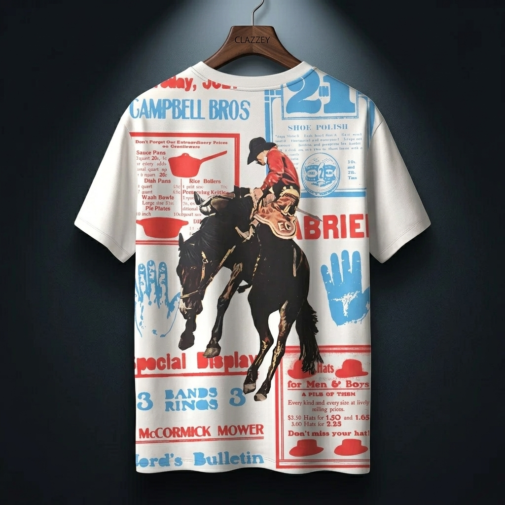Back view of white short-sleeve tee on hanger with vintage ad collage print and bronco rider in red and blue