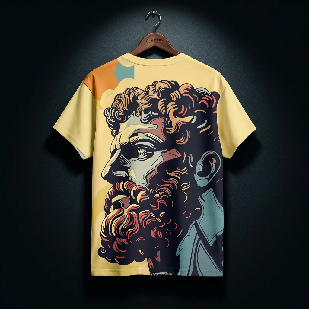 Back of pale yellow short-sleeve tee on hanger with large bearded classical god profile print