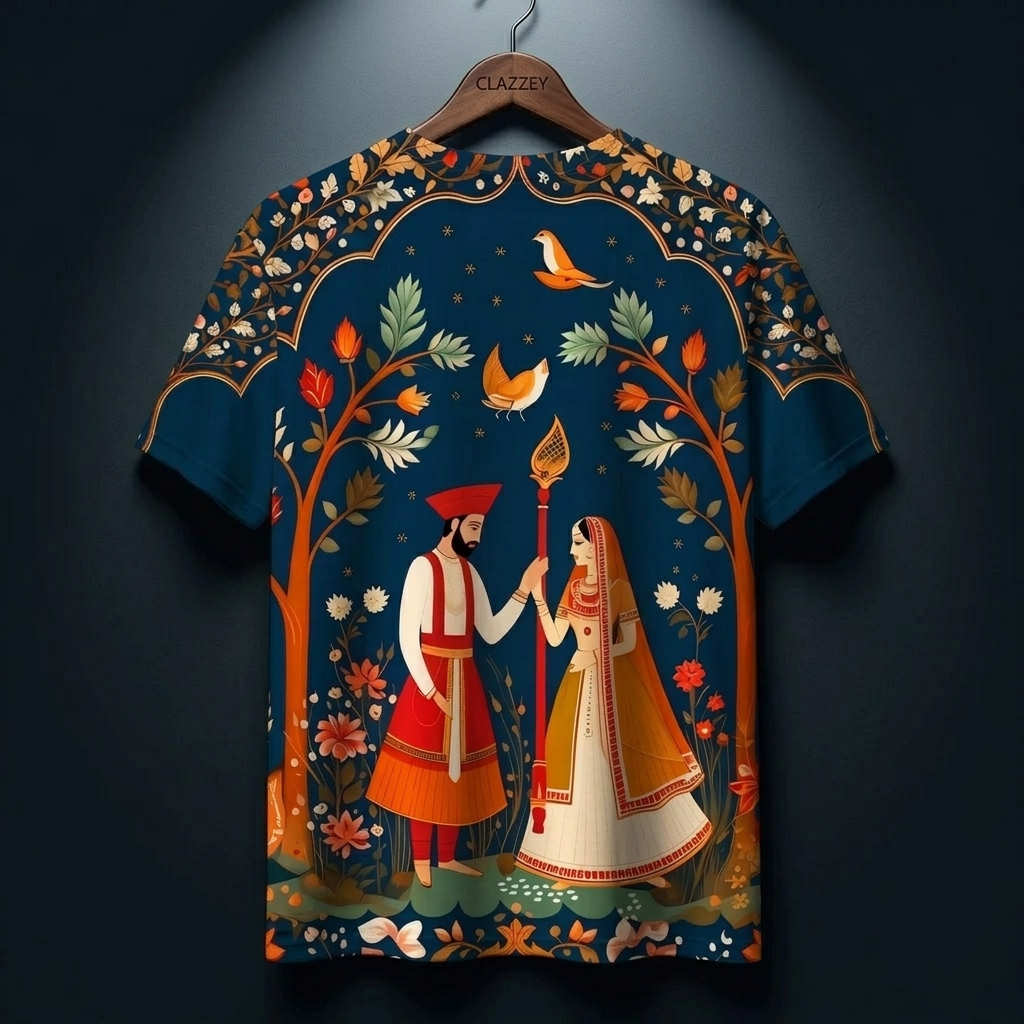 Back view of navy short-sleeve tee on a hanger, showing the same couple, birds and floral tree print