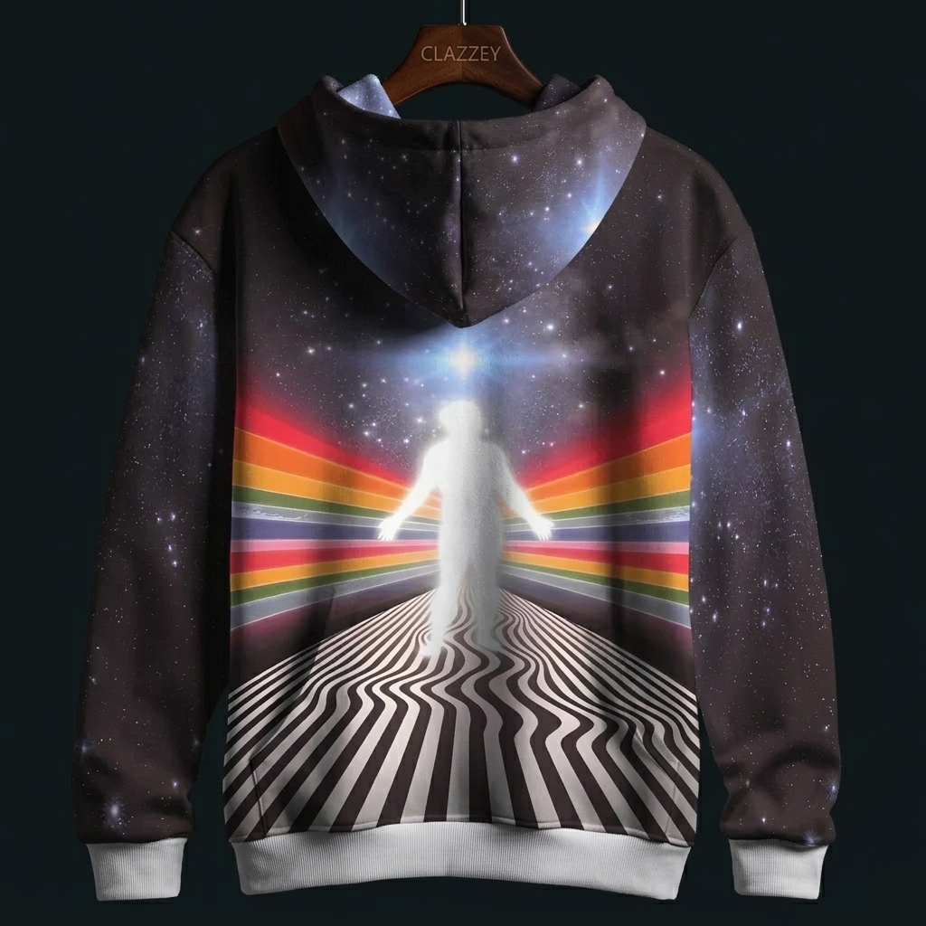 Back of galaxy-print hoodie on hanger showing glowing white figure, rainbow stripes, zigzag path and starry hood
