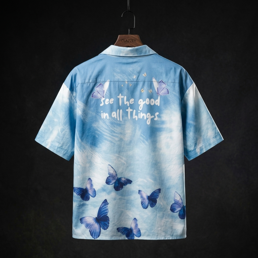 Back of blue tie-dye short-sleeve camp collar shirt on hanger, with butterflies and 'see the good in all things' text