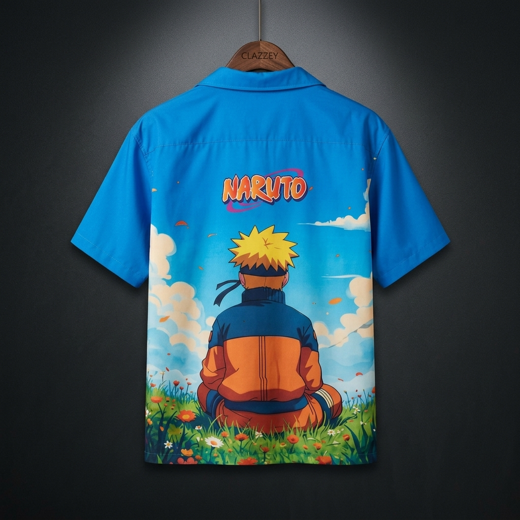 Back of blue short-sleeve shirt on hanger, with NARUTO logo above anime character seated in flowery meadow
