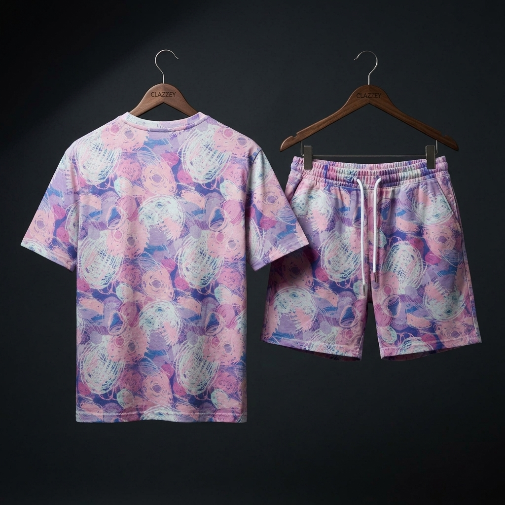 Back view of pastel pink and purple scribble-print t-shirt and matching drawstring shorts on hangers