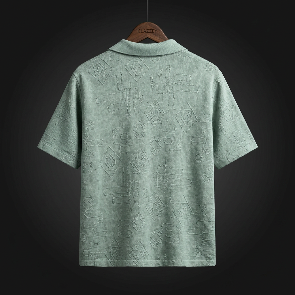 Back of sage green short-sleeve shirt with raised geometric diamond and block pattern, on wooden hanger