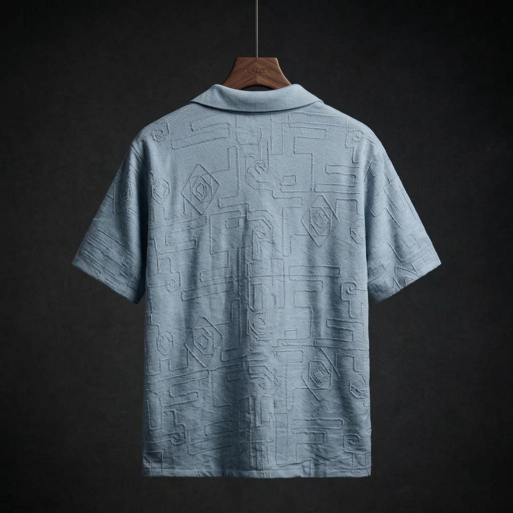 Back of light blue-grey short-sleeve shirt showing embossed geometric maze-like pattern, hanging on wooden hanger against dark background