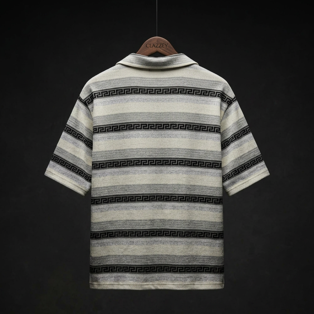 Back view of short-sleeve striped shirt on hanger, grey and cream bands with black Greek key pattern