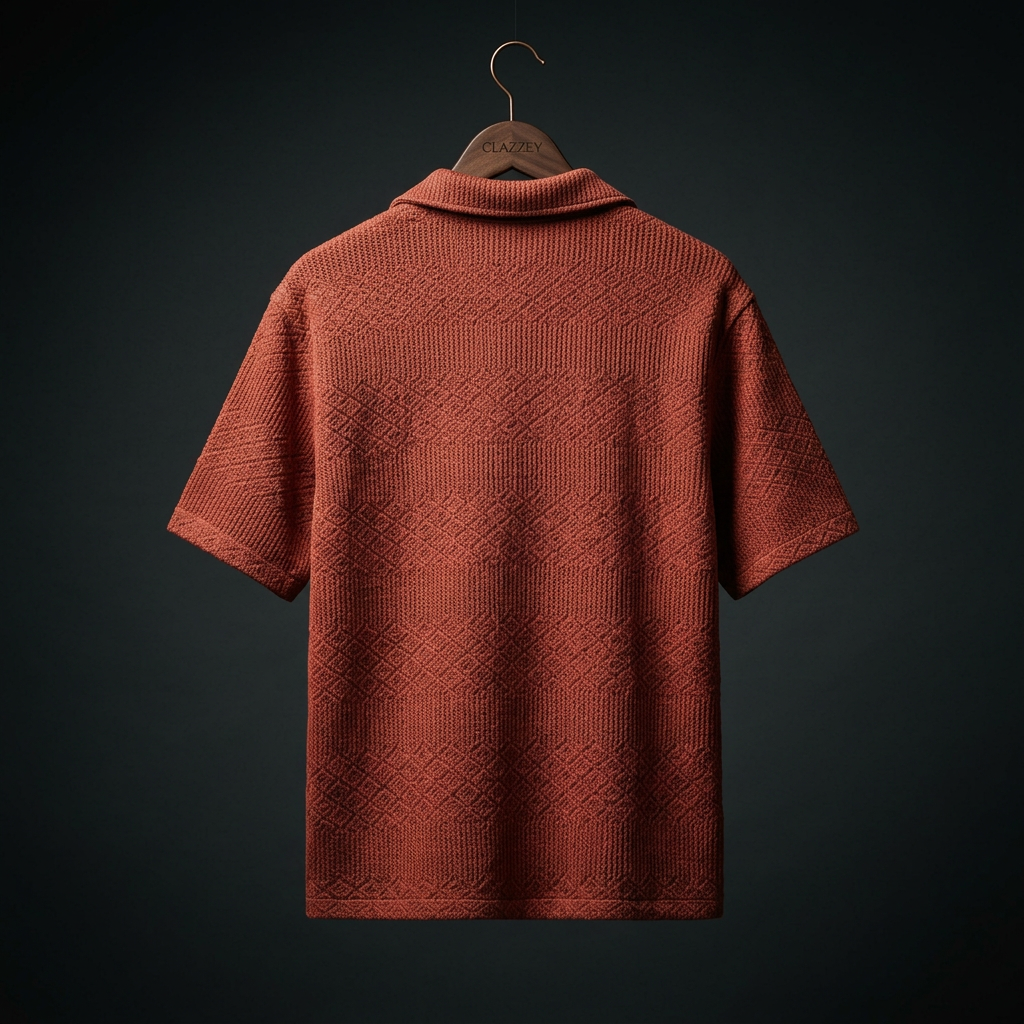 Back of rust-red textured knit short-sleeve shirt with collar, hanging on a wooden hanger