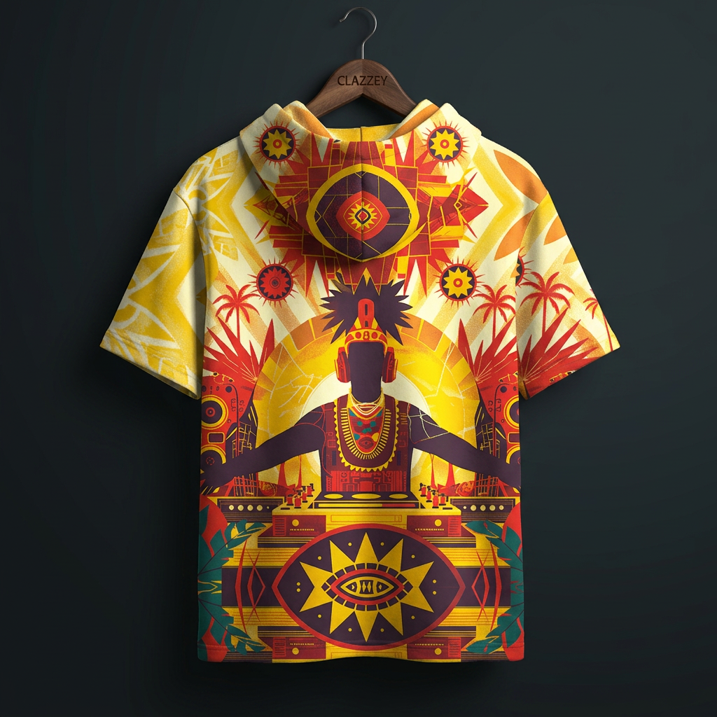 Back of short-sleeve hooded top on a hanger, with yellow, red and orange tribal DJ print and sun motifs