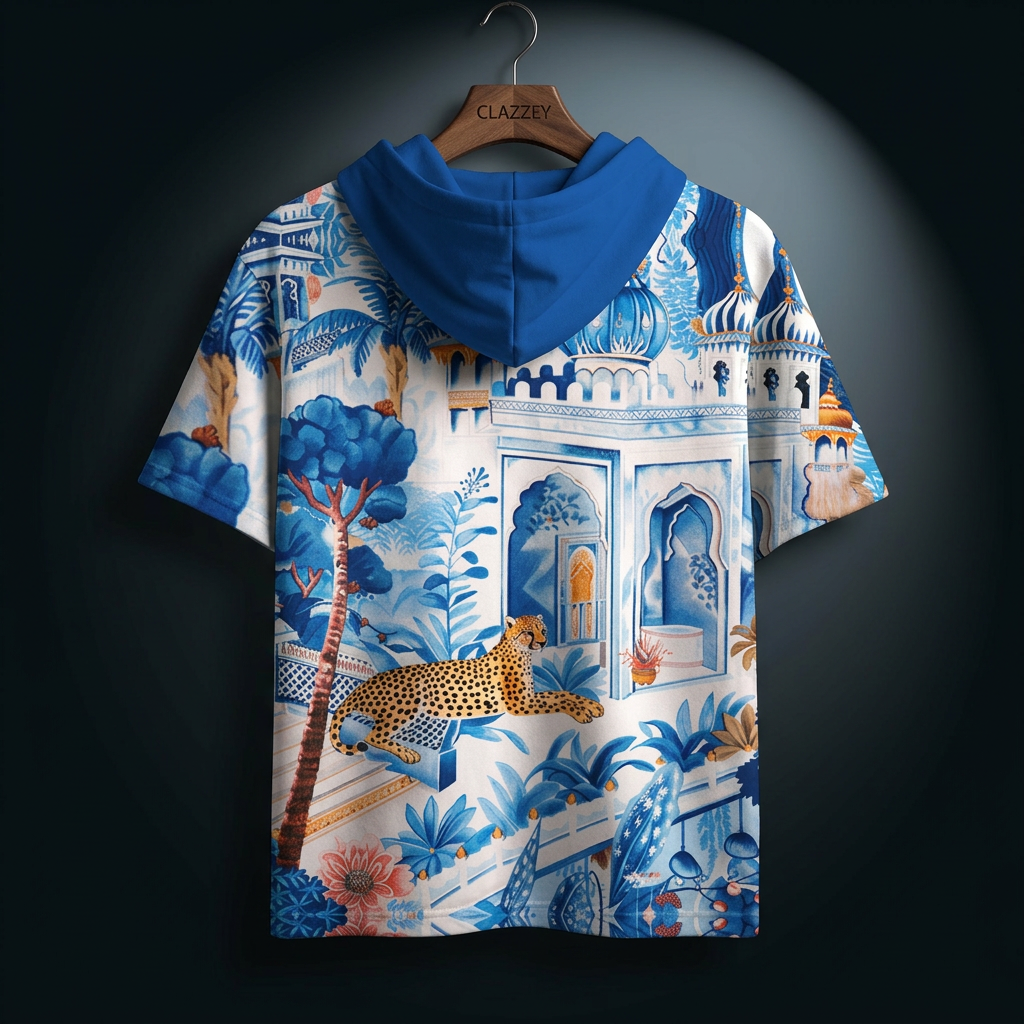 Back of short-sleeve hoodie on hanger with blue palace and cheetah print, blue hood hanging down