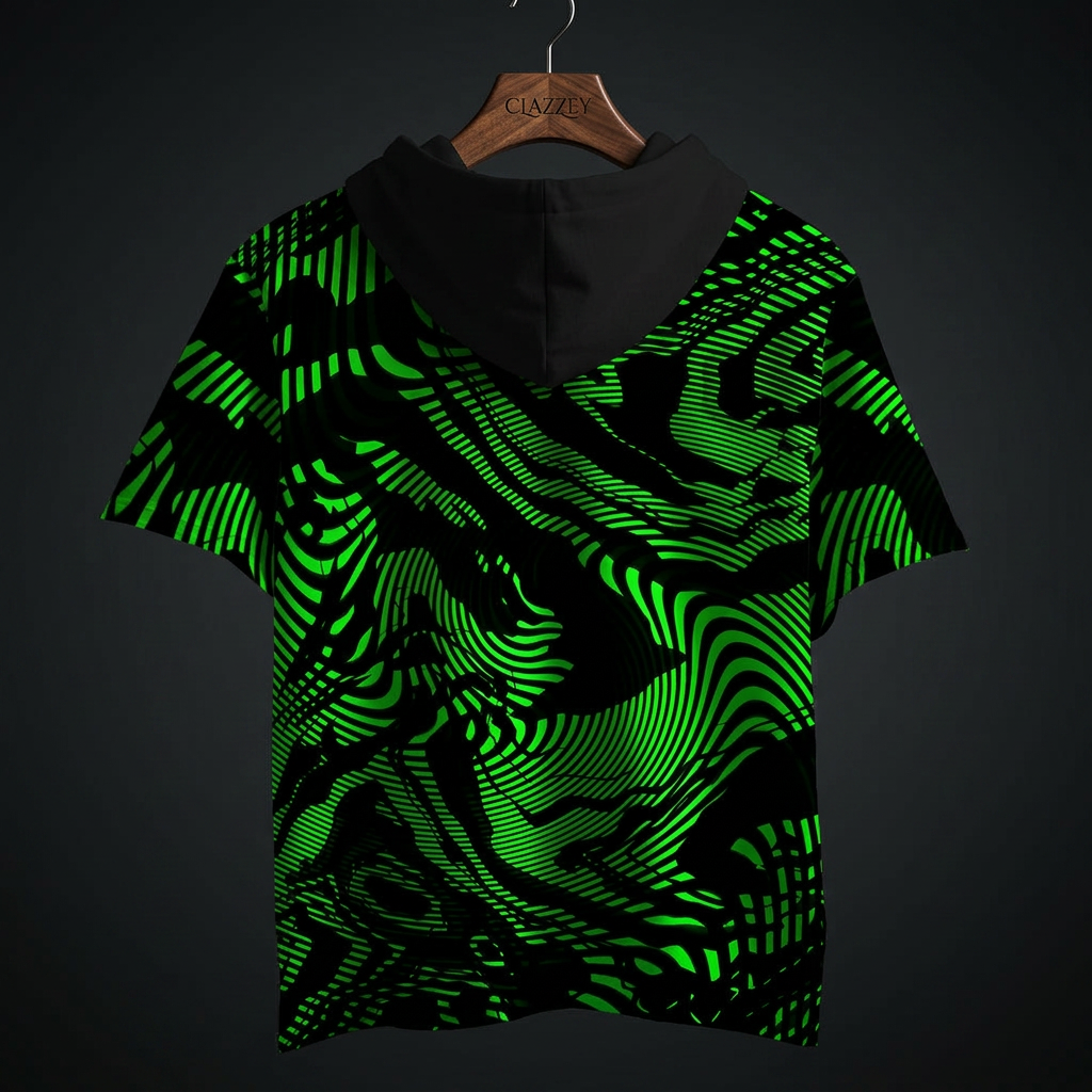 Back view of short-sleeve hooded top on hanger, black with swirling neon green striped print and hood