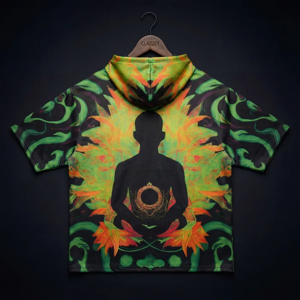 Back of short-sleeve hooded top on hanger showing the same meditating silhouette in green and orange print