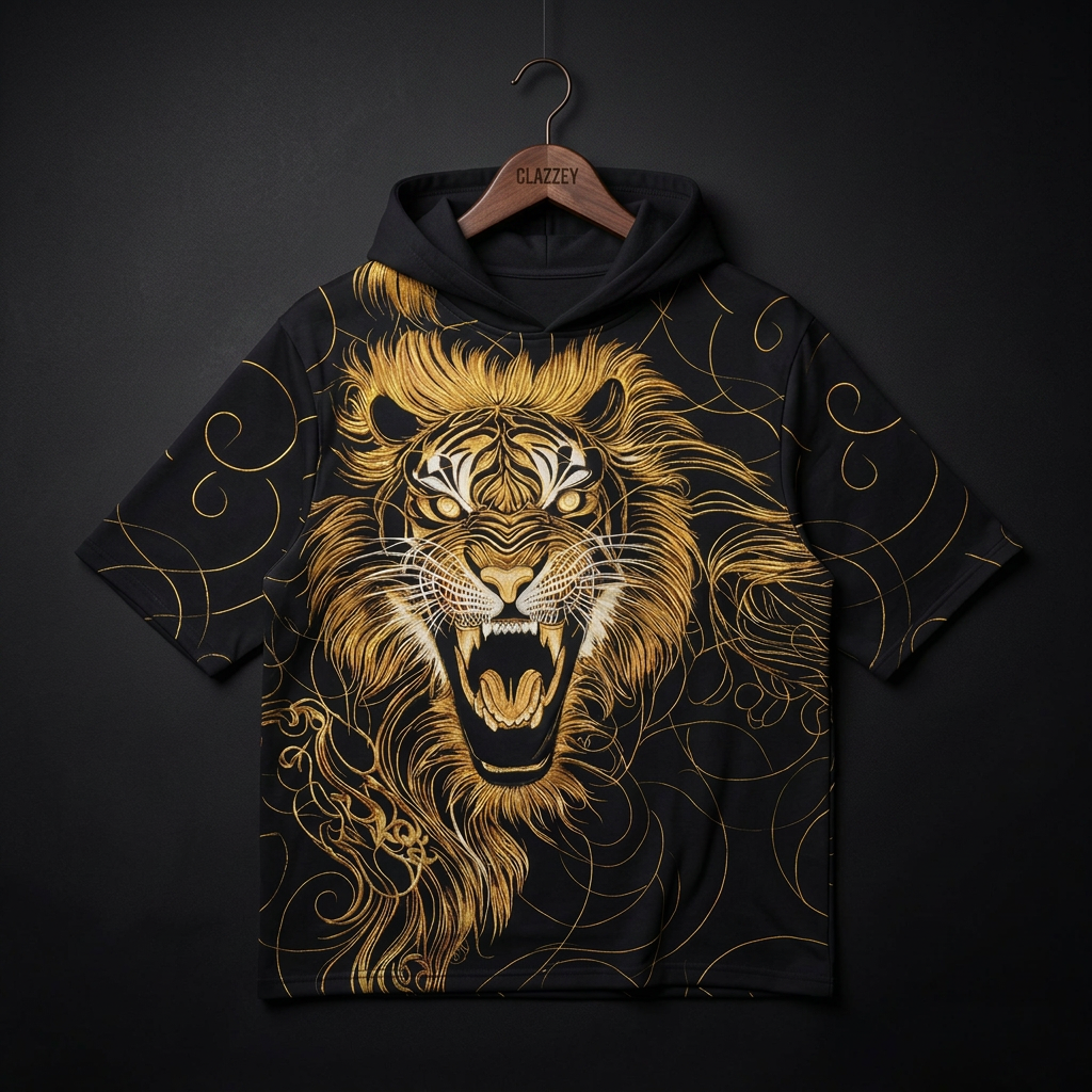 Black short-sleeve hoodie on a wooden hanger, front view, with a roaring golden lion print and swirling gold lines