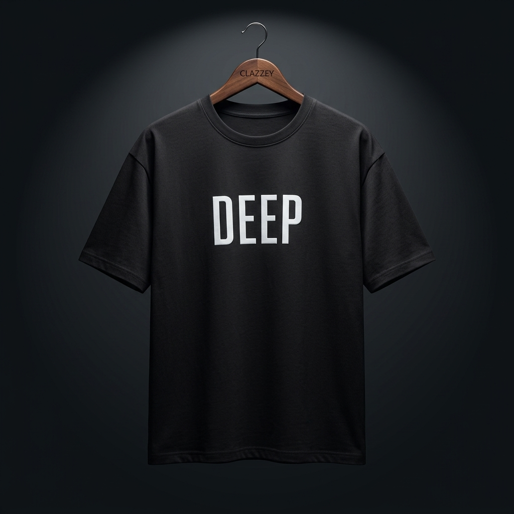 Front view of black oversized round-neck tee on hanger with white DEEP lettering across the chest