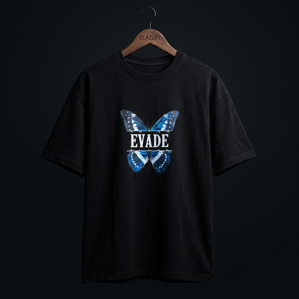 Front of black oversized tee on hanger with blue butterfly split by EVADE text