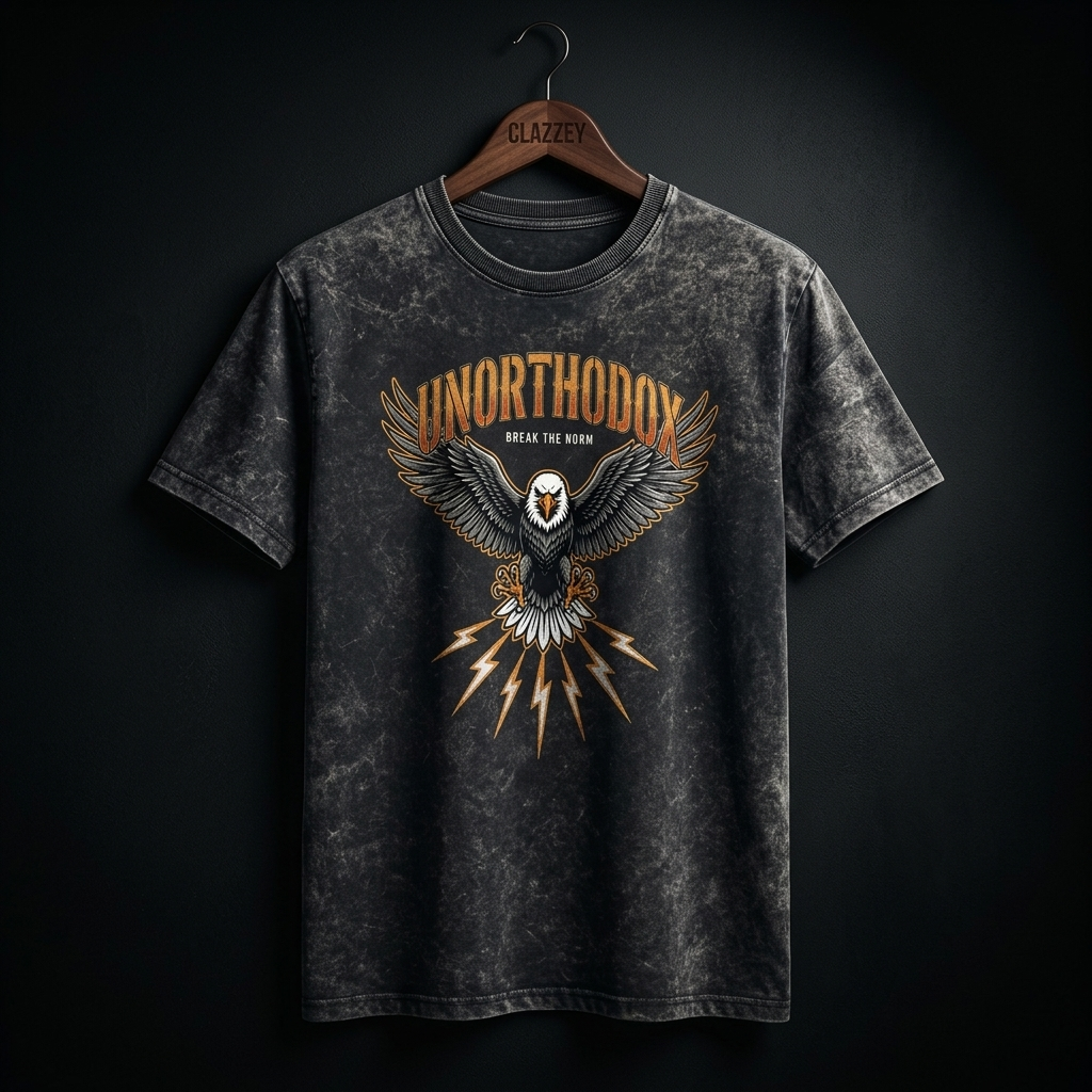 Front of charcoal acid wash t-shirt on a wooden hanger, with an eagle and 'Unorthodox' graphic