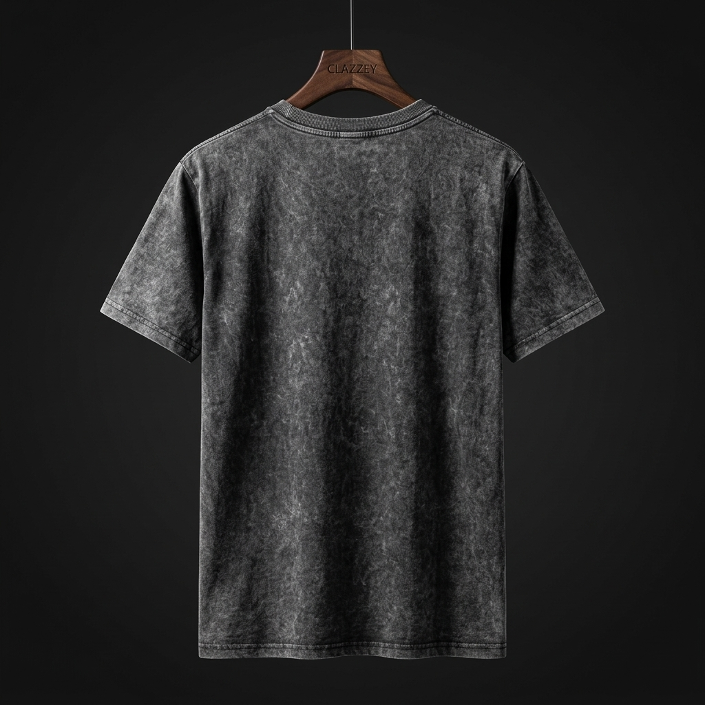 Back of charcoal acid wash t-shirt on a wooden hanger, plain mottled fabric with no print