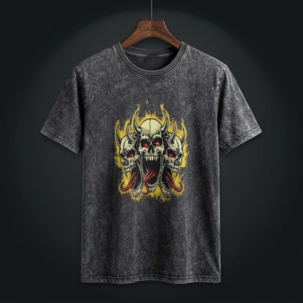 Front of a faded charcoal acid wash t-shirt on a hanger, with a graphic of three horned skulls with red eyes and tongues in yellow flames