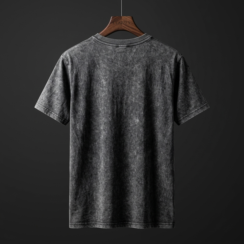 Back of a charcoal acid wash t-shirt on a wooden hanger, plain with a mottled faded texture