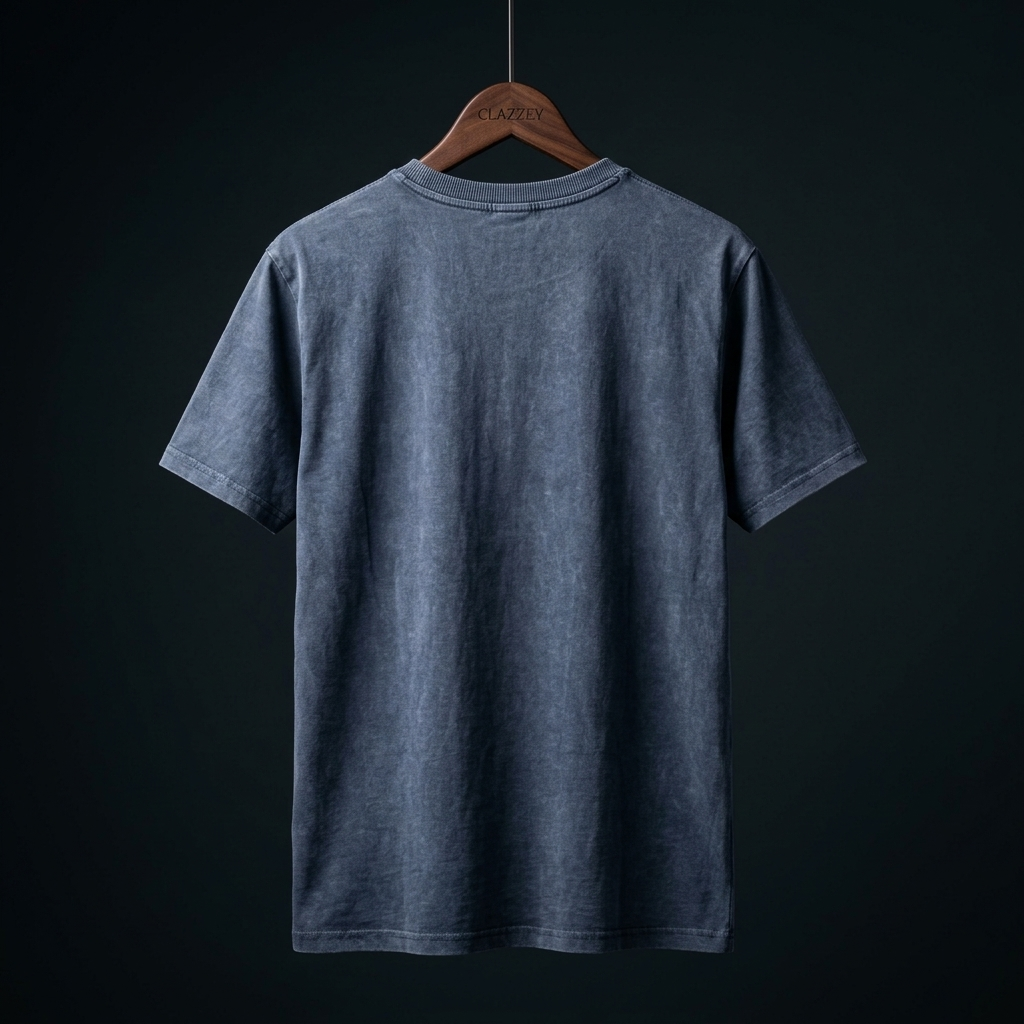 Back view of mottled blue acid wash short-sleeve tee hanging on a wooden hanger against dark background