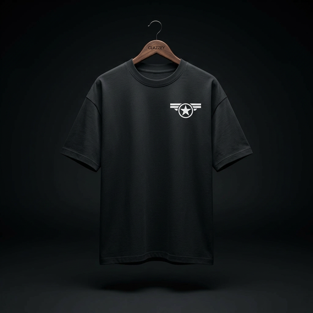 Front view of black oversized round-neck tee on a hanger with small white star-and-wings logo on chest