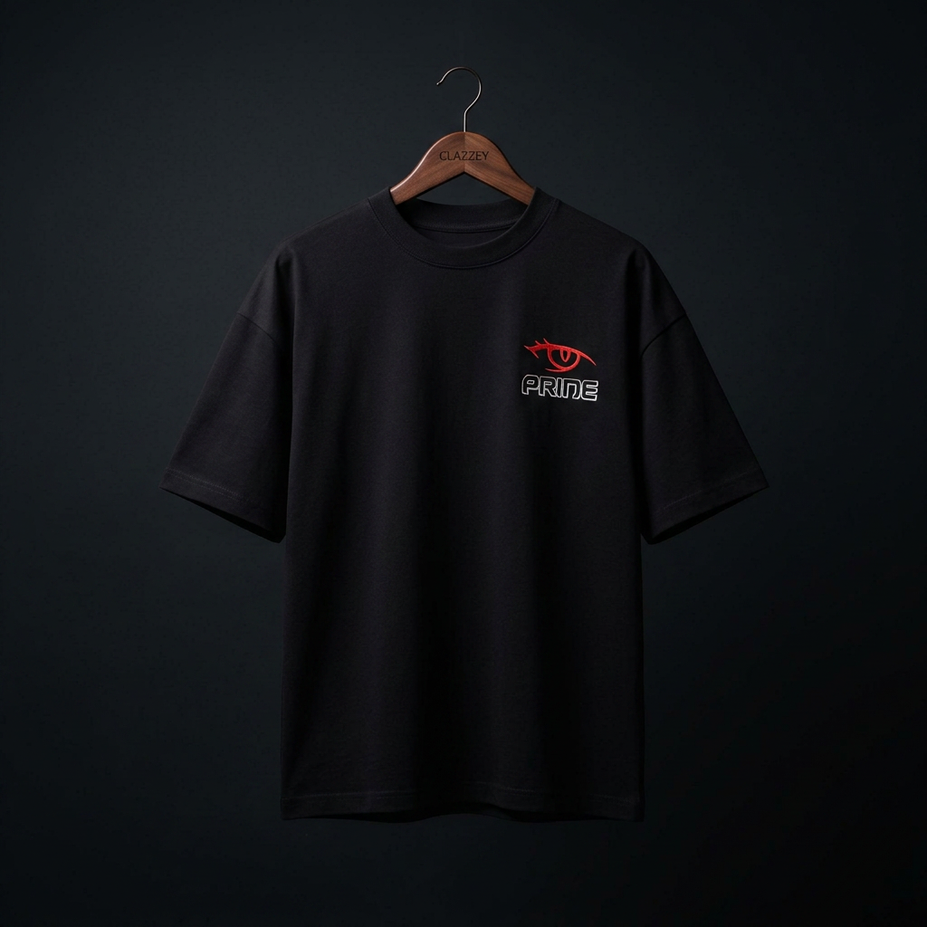 Front view of black oversized tee with small red eye logo and white outlined text on chest