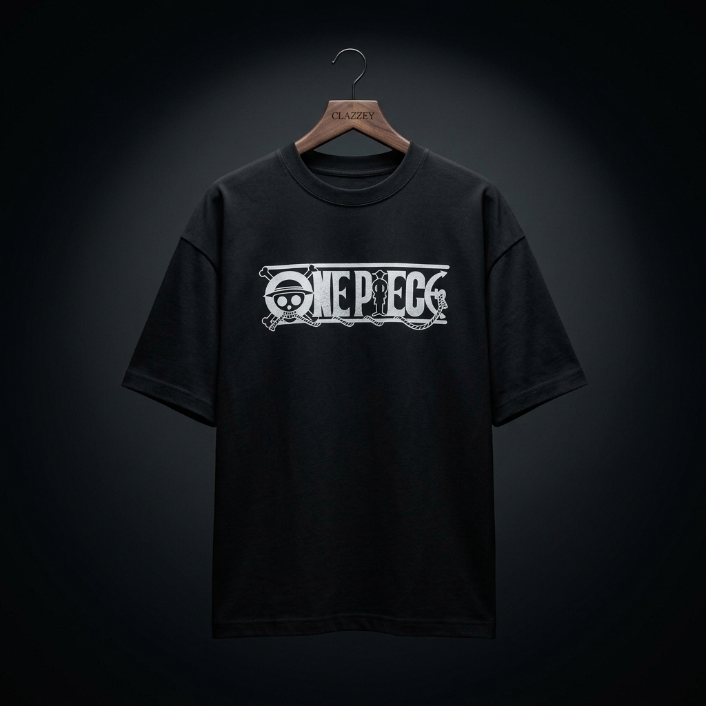 Front of black oversized crew-neck tee on wooden hanger with white One Piece skull logo print