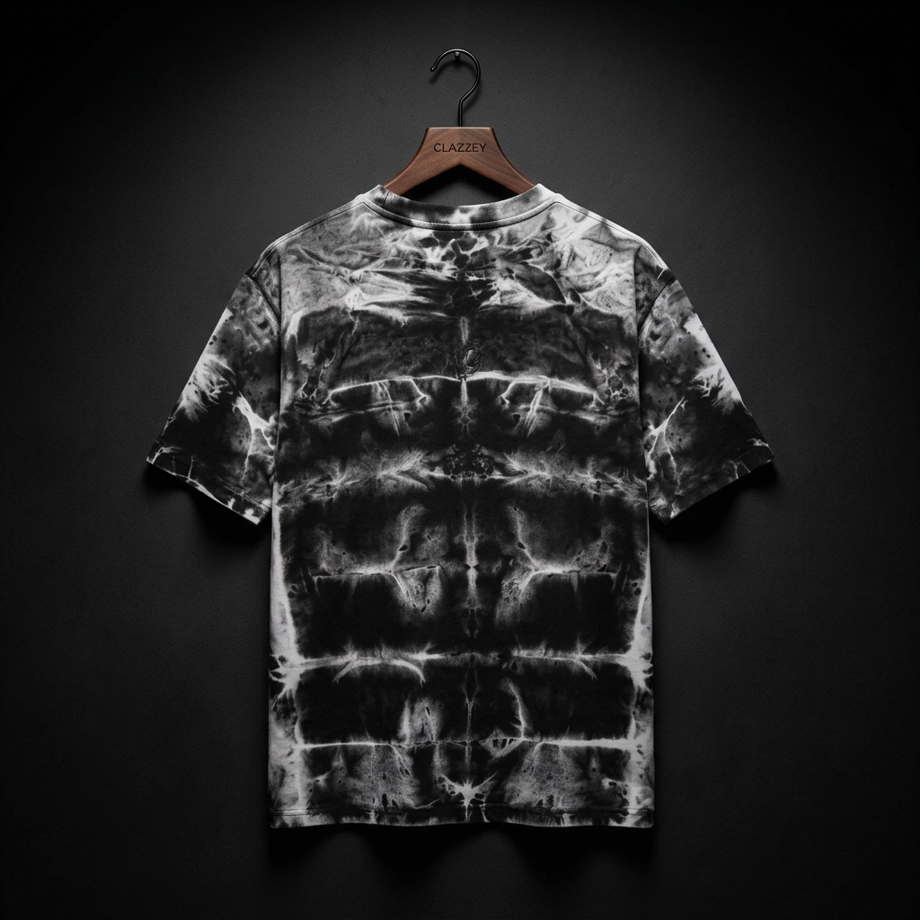 Back of black and white tie-dye short-sleeve tee hanging on a wooden Clazzey hanger