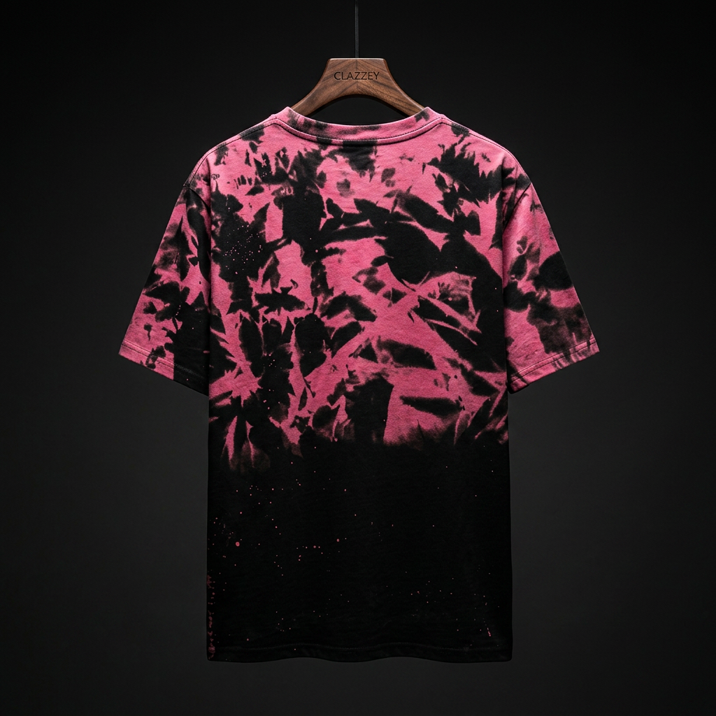 Back of pink and black tie-dye short-sleeve tee hanging, with black fading toward the hem and pink speckles