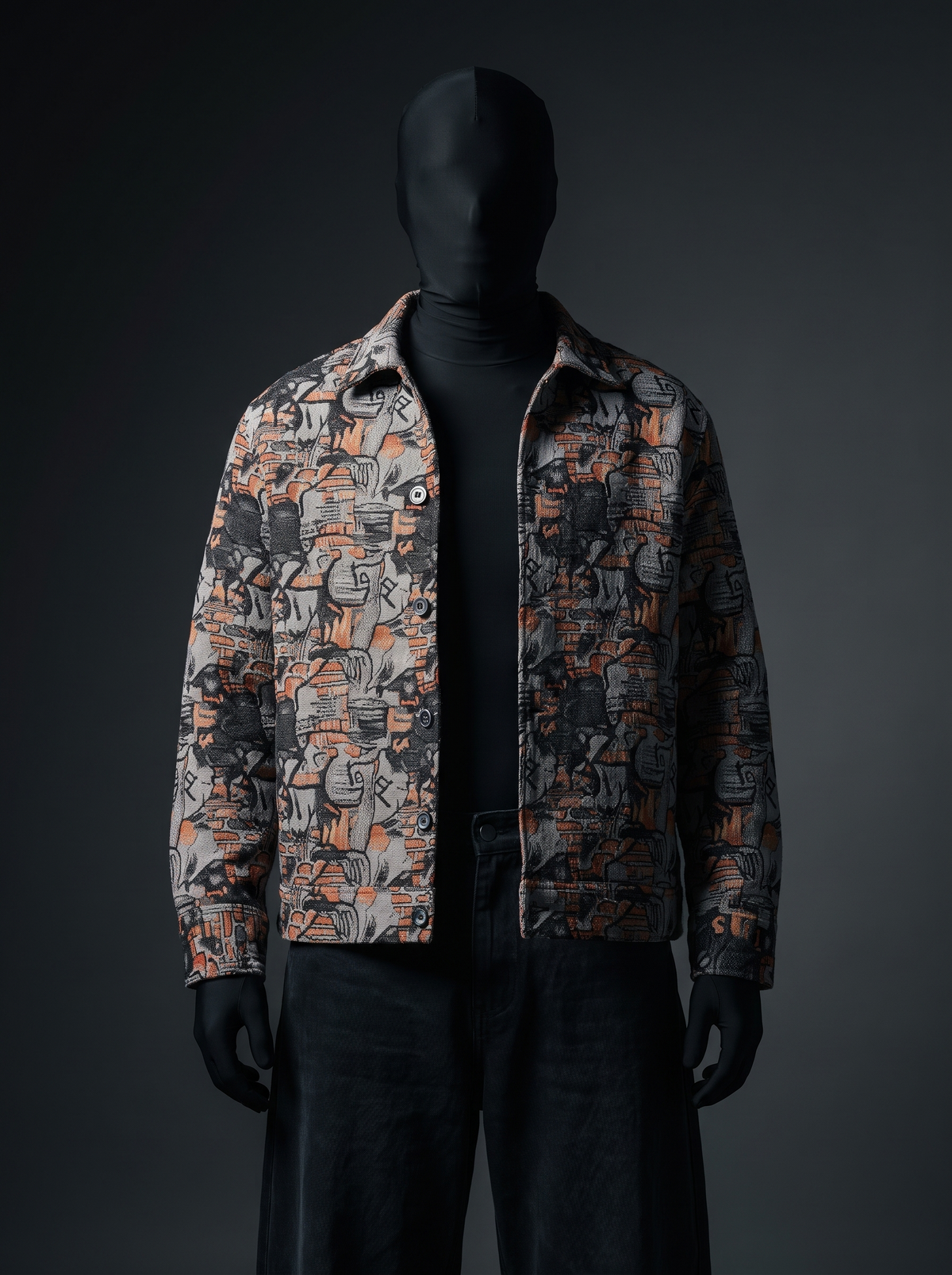 Ash Relic Over Shirt - charcoal-rust glyph print jacquard shacket, back view