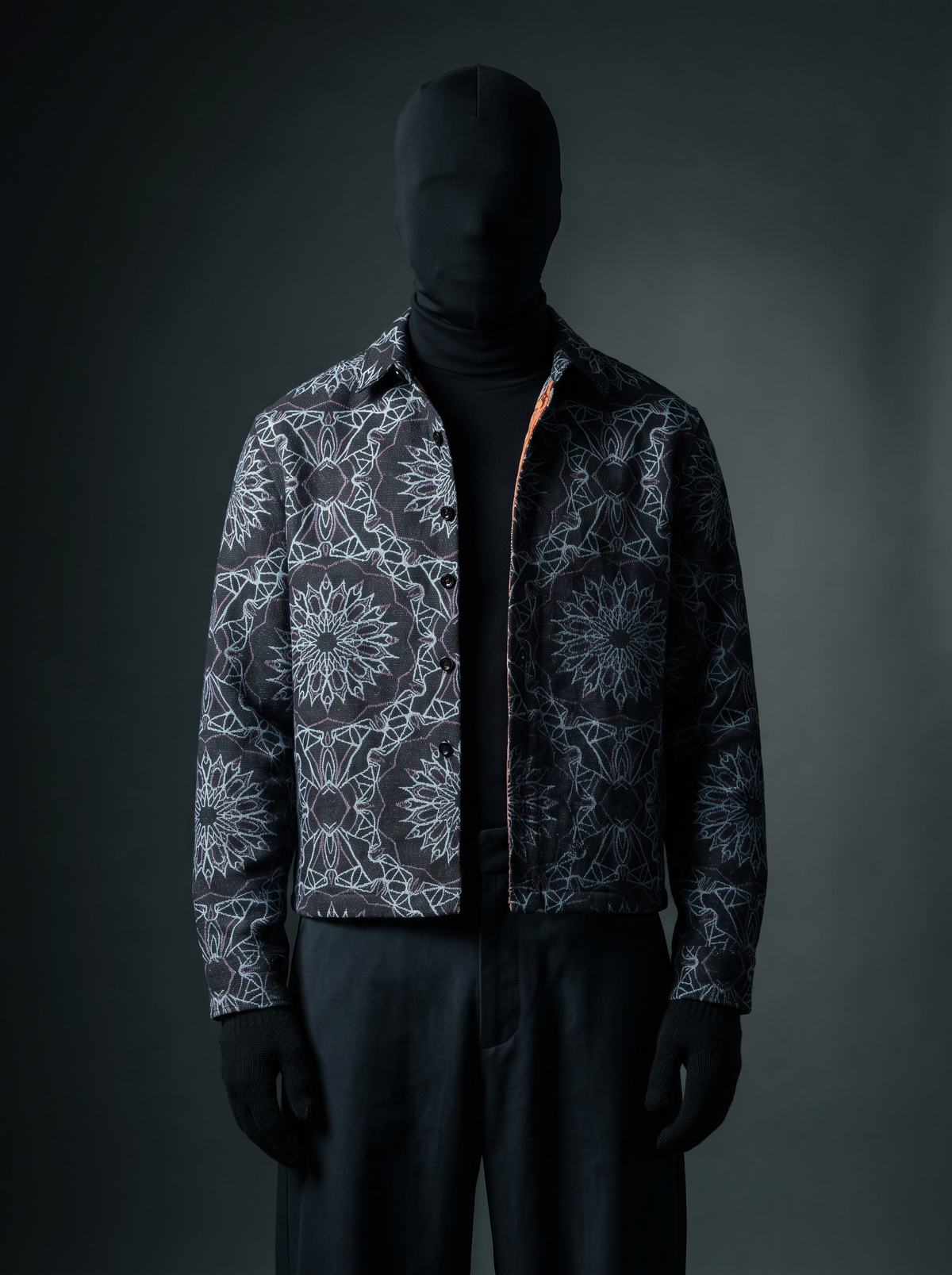 Mandala Web Over Shirt - charcoal and silver mandala print jacquard shacket, back view