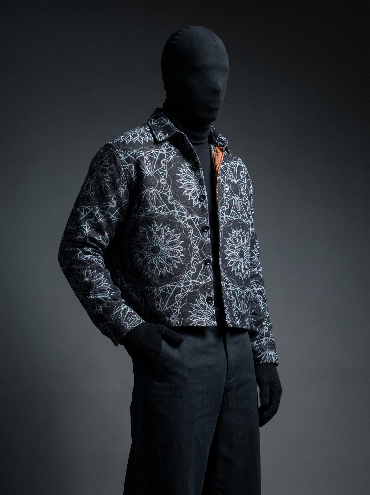 Mandala Web Over Shirt - charcoal and silver mandala print jacquard shacket, front view