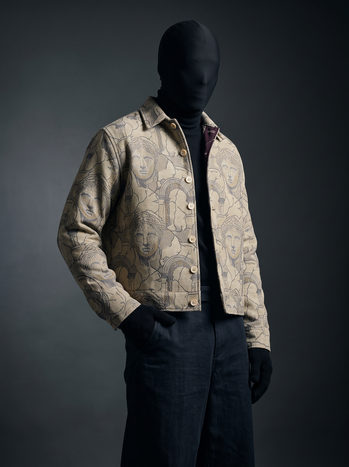Cartograph Over Shirt - cream and navy map print jacquard shacket, back view