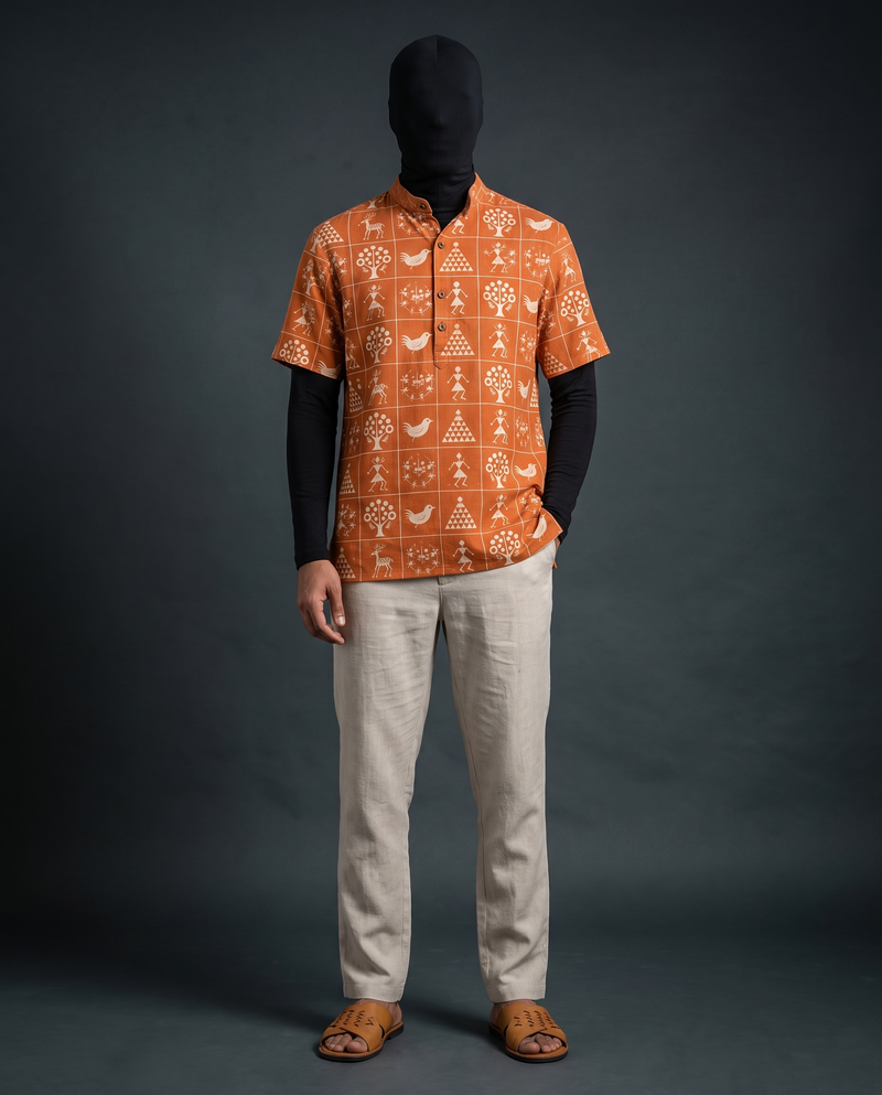Rust Warli Art Short Kurta