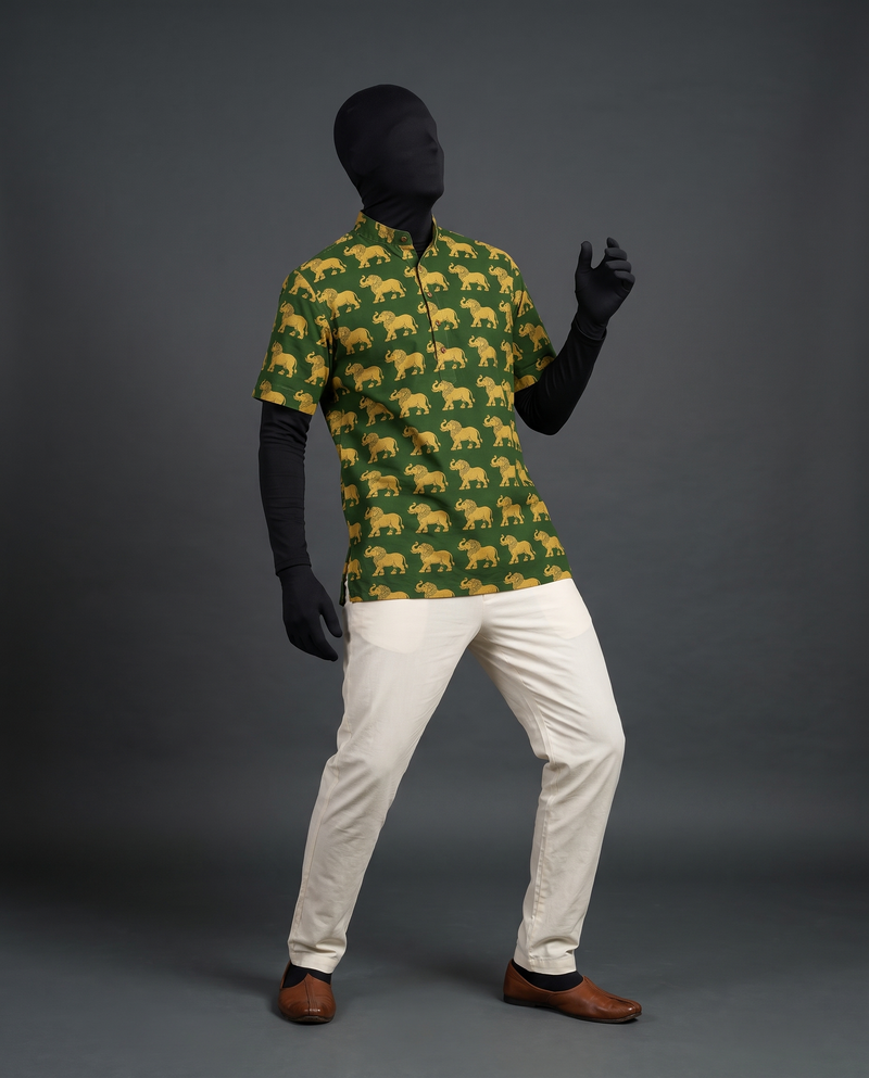 Green Elephant Print Short Kurta