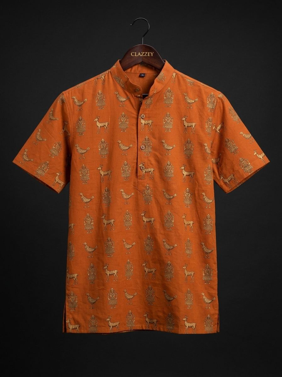 Burnt Orange Tribal Print Short Kurta - front hanging shot