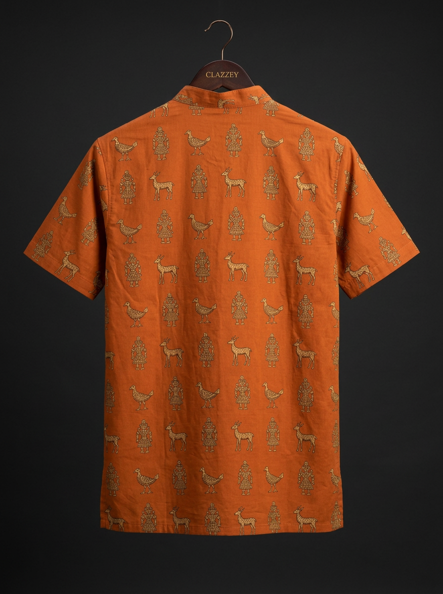 Burnt Orange Tribal Print Short Kurta - back hanging shot