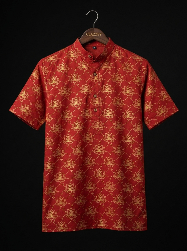 Red Lotus Print Short Kurta