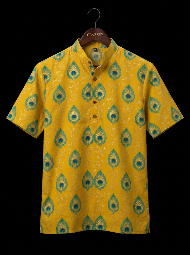 Peacock Feather Yellow Short Kurta