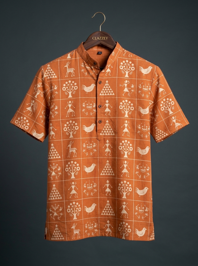 Rust Warli Art Short Kurta