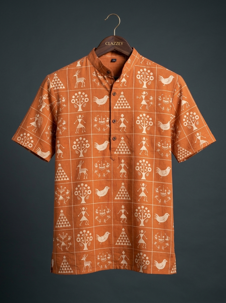 Rust Warli Art Short Kurta hanging front view