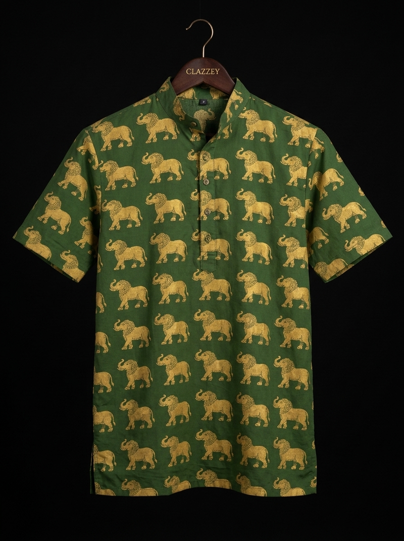 Green Elephant Print Short Kurta