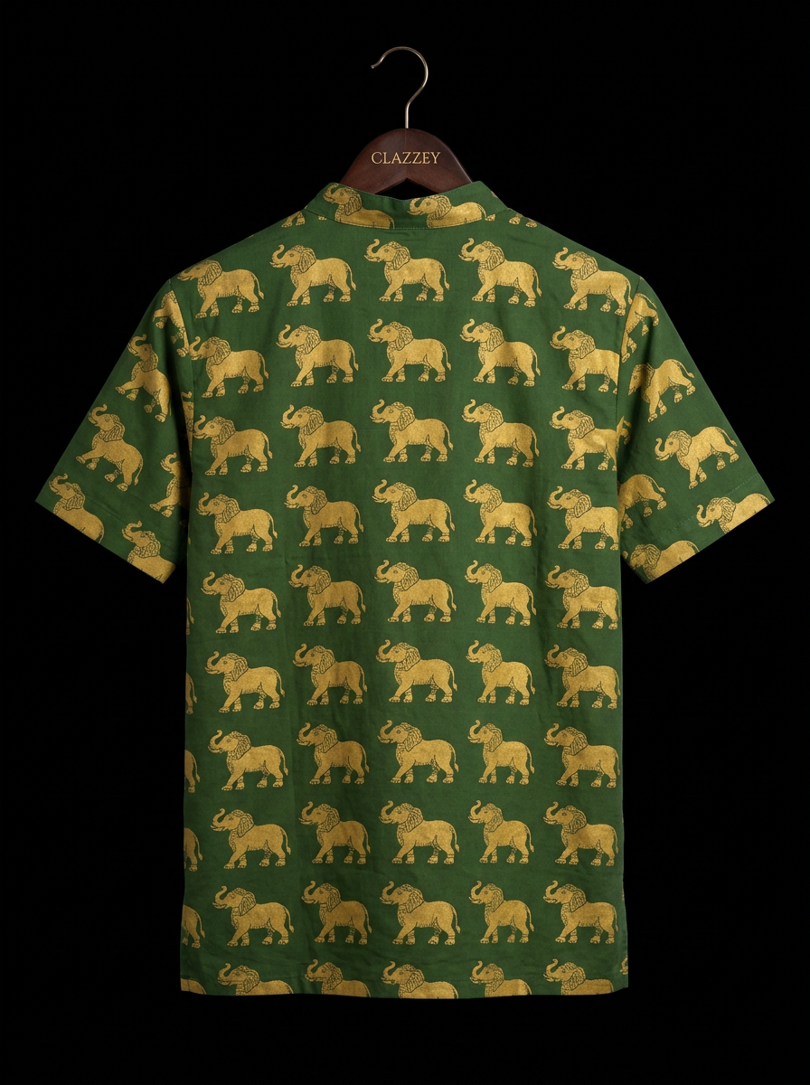 Green Elephant Print Short Kurta hanging back view